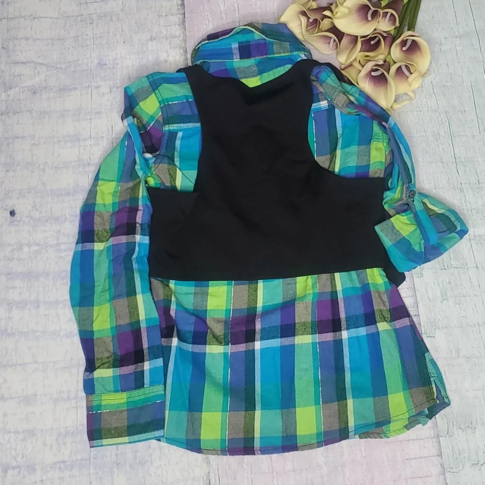 NWT Justice Button Up Plaid Top with Attached Vest